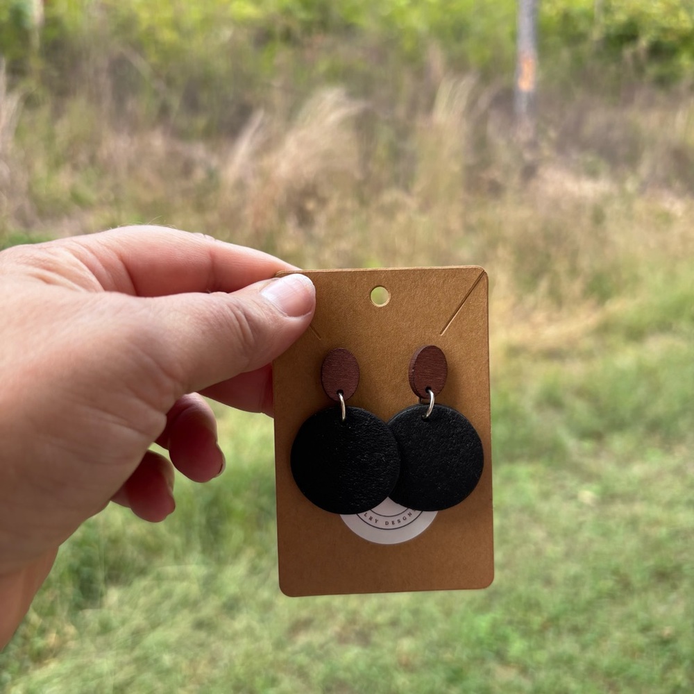 polymer clay Statement Earrings, Wood‎ and Black Disc Drop Earrings, Lightweight
